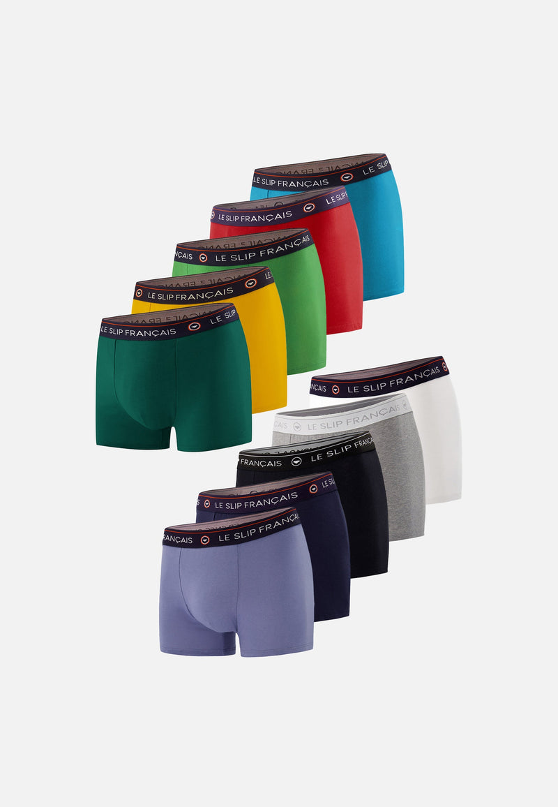 Lot De 10 Boxers En Coton - Boxers Moutarde Vert Sapin Gris Chiné Rouge Cerise Bleu Jean Marine Blanc Noir Topaz Mint Green