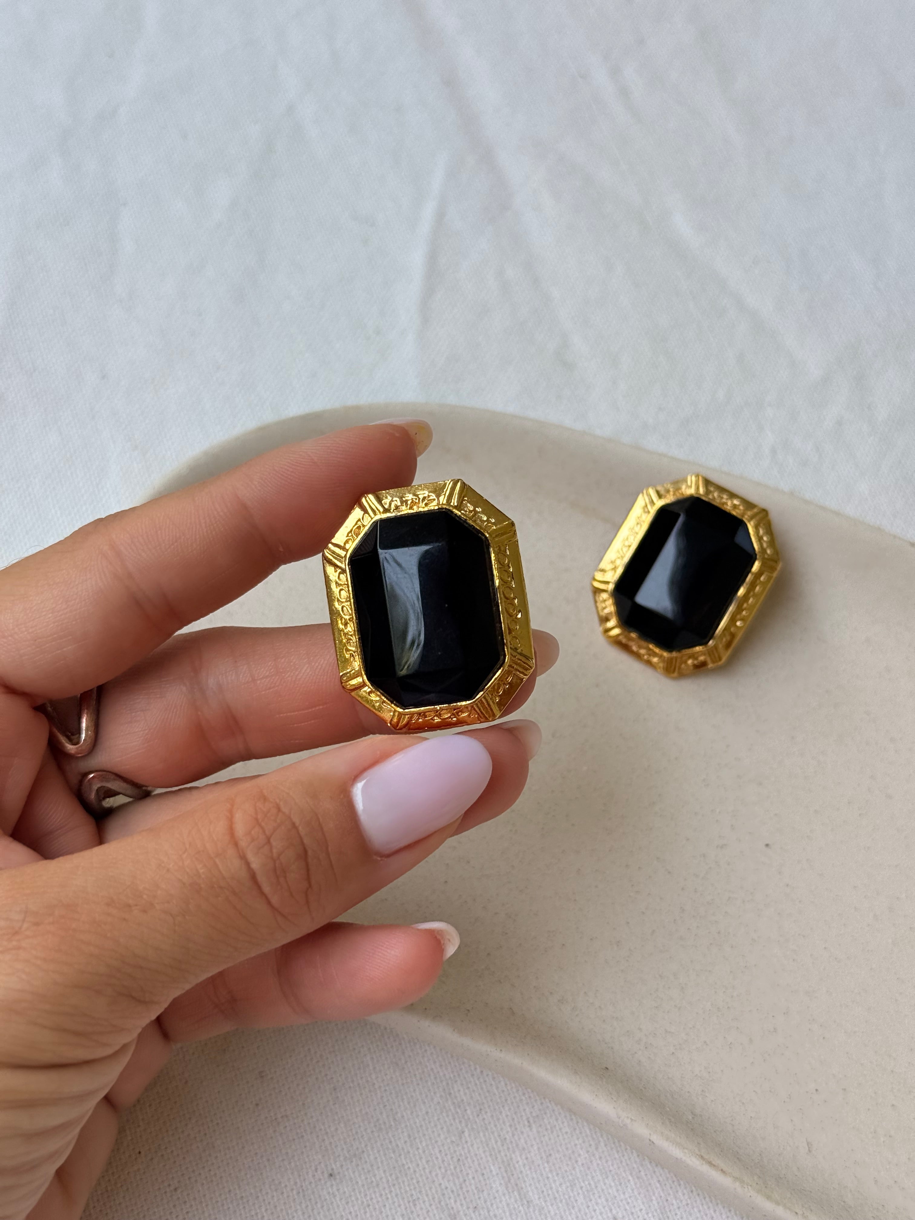 Boucles D’Oreilles Vintage - Strass Facetté Noir
