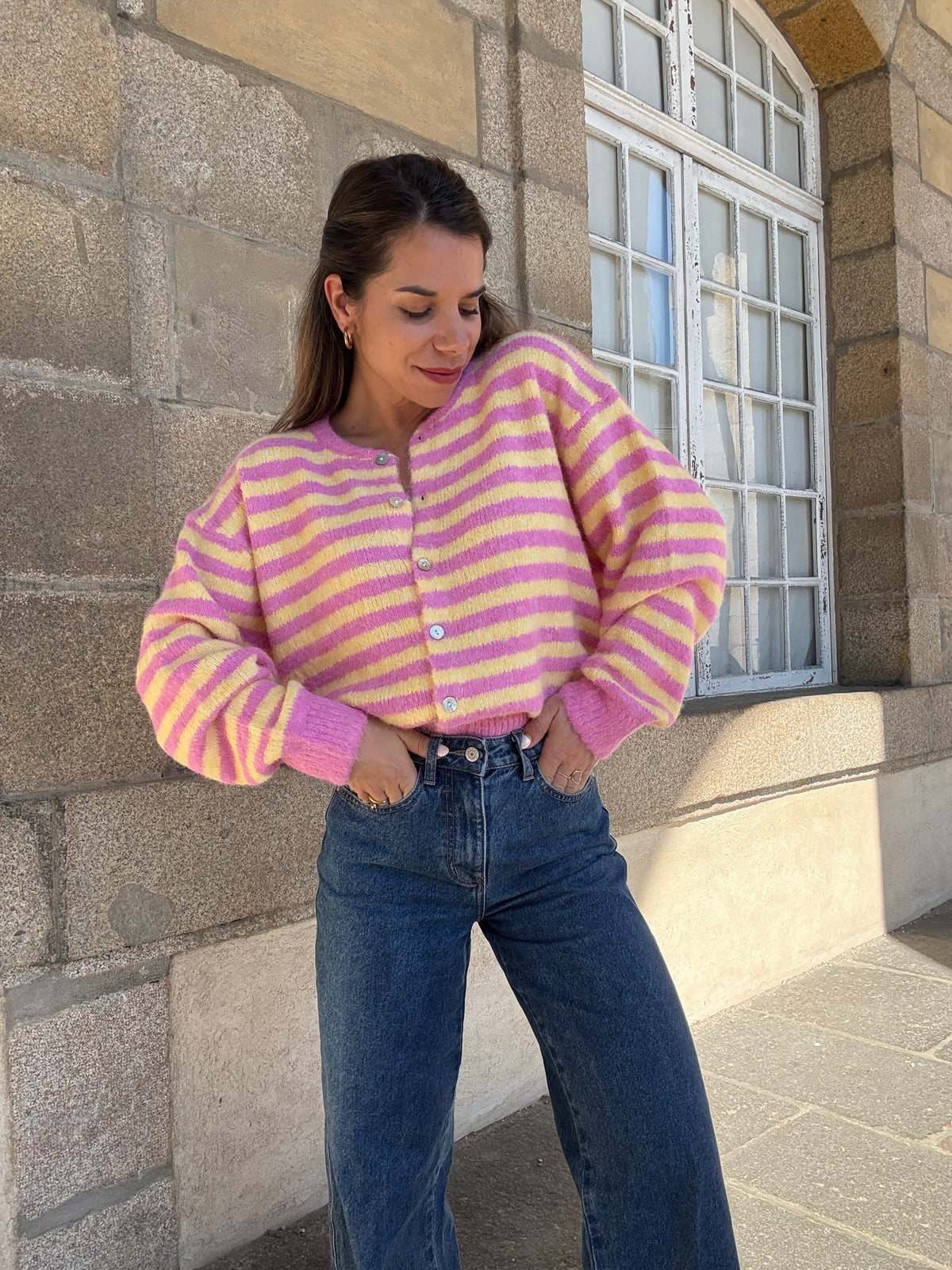 Solela Pink and Yellow Striped Cardigan