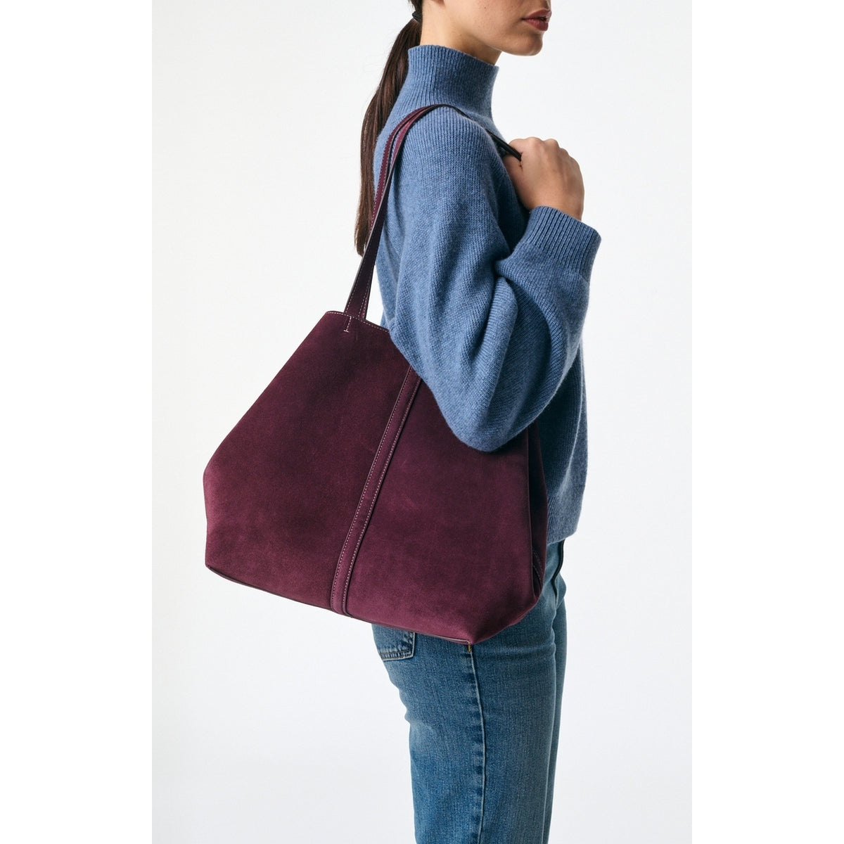 Grand Sac Cabas Porte Epaule en Suede - Prune