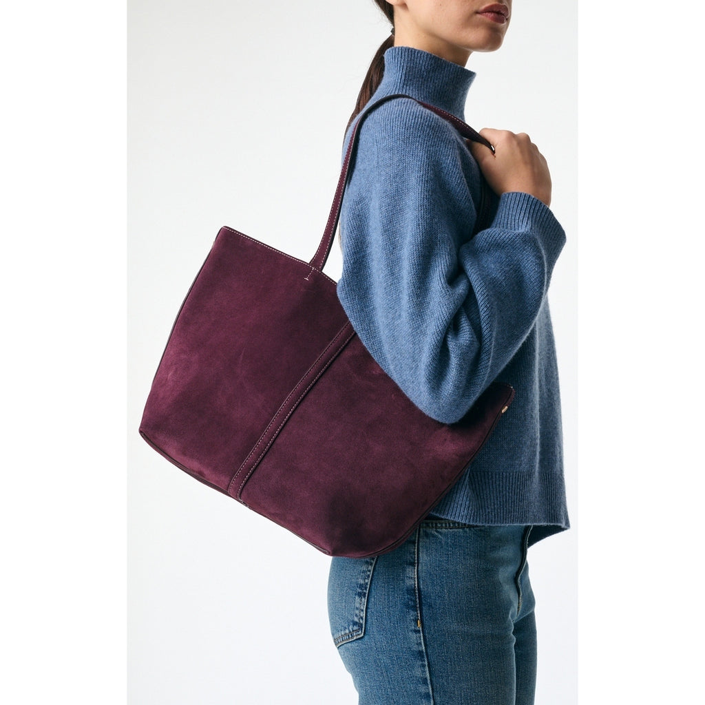 Petit Sac Cabas Porte Epaule en Suede - Prune