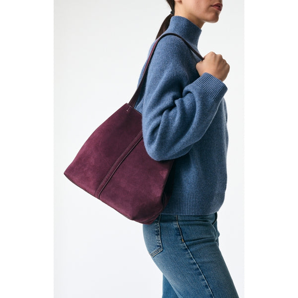 Kleine Cabas Schultertasche aus Veloursleder - Pflaume