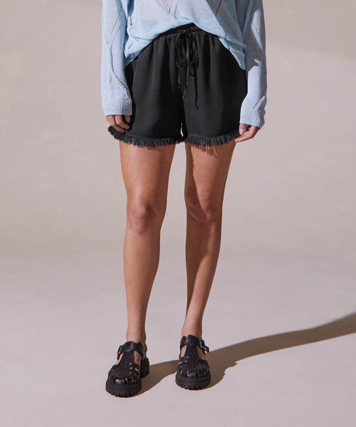 Shorts de raso con flecos - Negro - Mujer