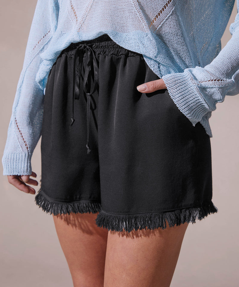 Shorts de raso con flecos - Negro - Mujer