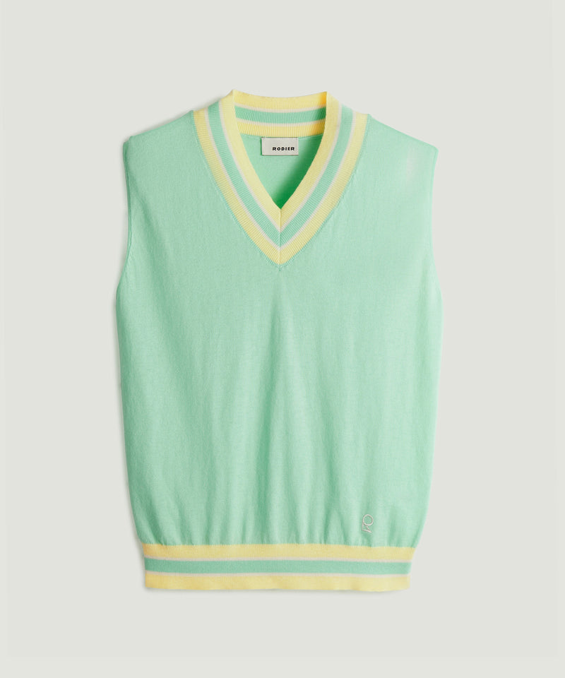 Camiseta pequeña con cuello en V en contraste - Verde agua - Mujer