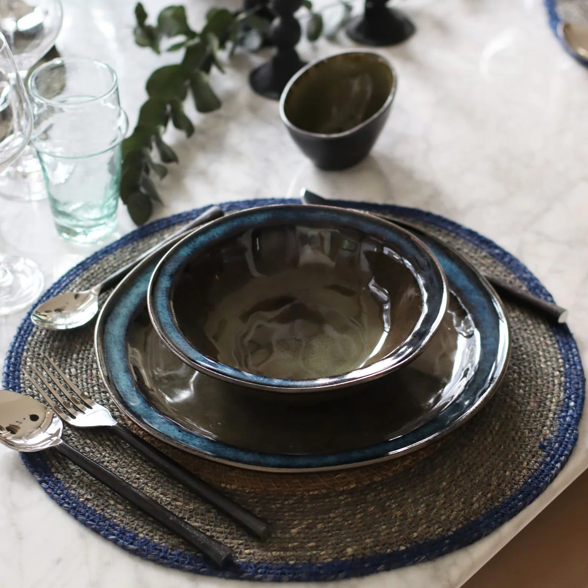 Lot De 6 Sets De Table - Luna - 38Cm - Jonc De Mer Naturel Et Bleu