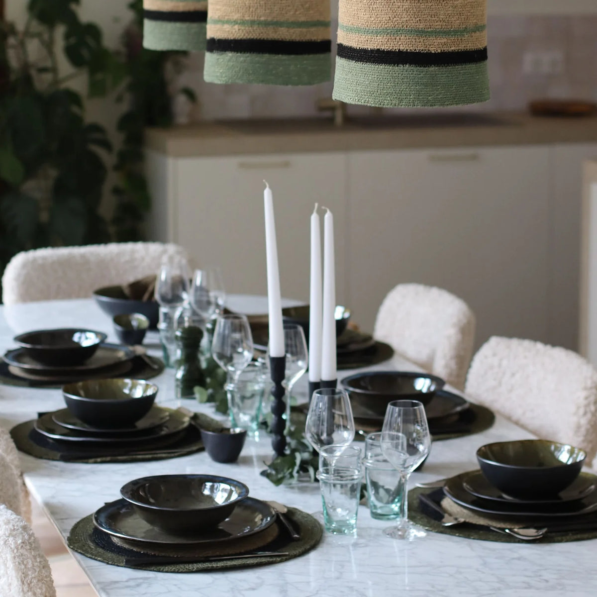 Lot De 6 Sets De Table - Luna - 38Cm - Jonc De Mer Naturel Et Vert