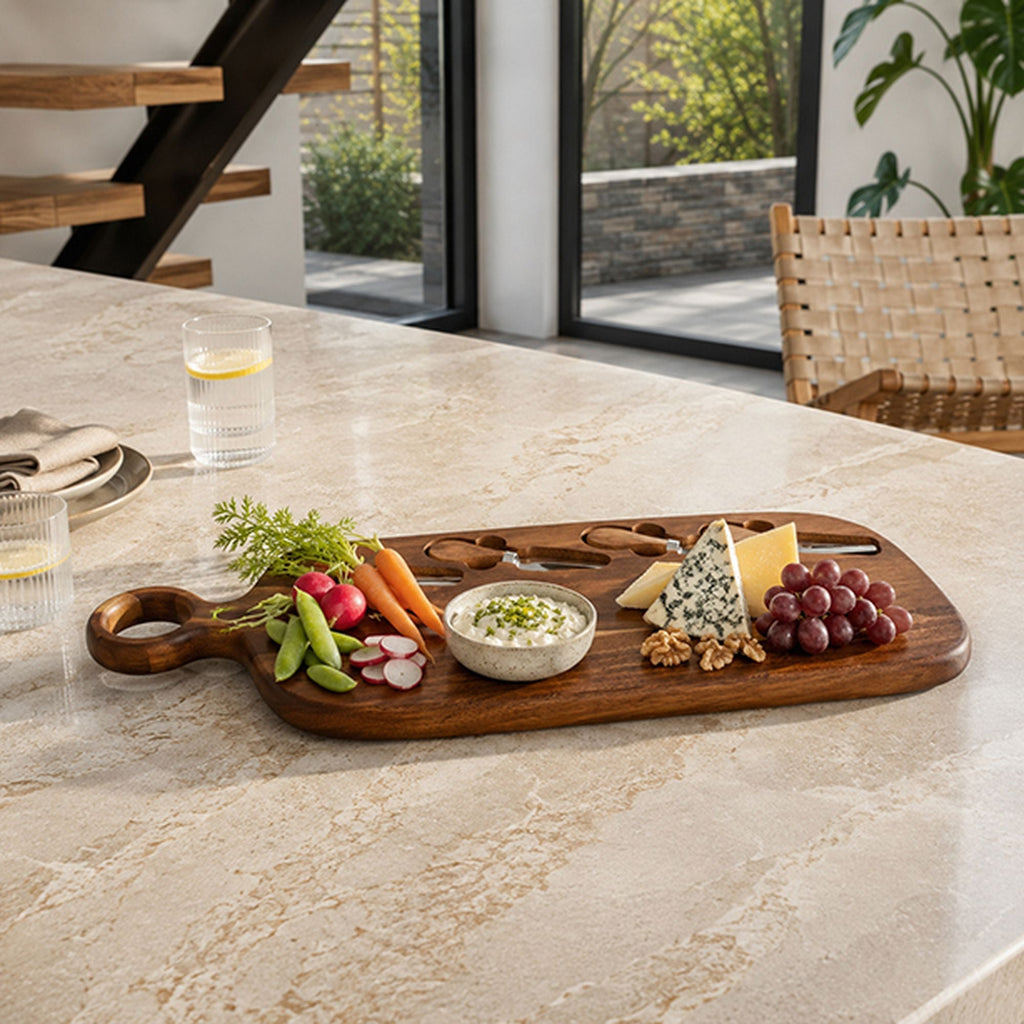 Schneidebrett mit 3 Messern - 49 x 16 cm - Akazienholz