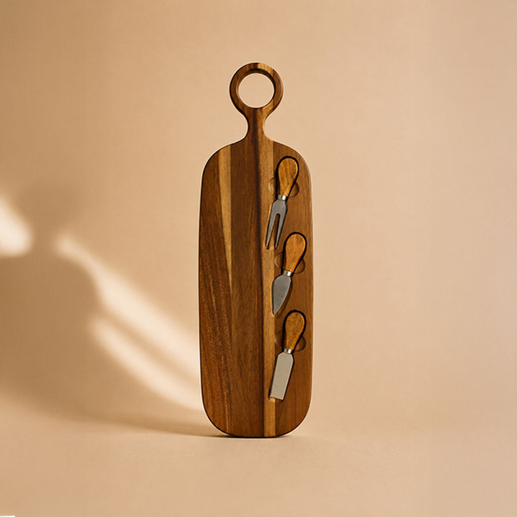 Schneidebrett mit 3 Messern - 49 x 16 cm - Akazienholz