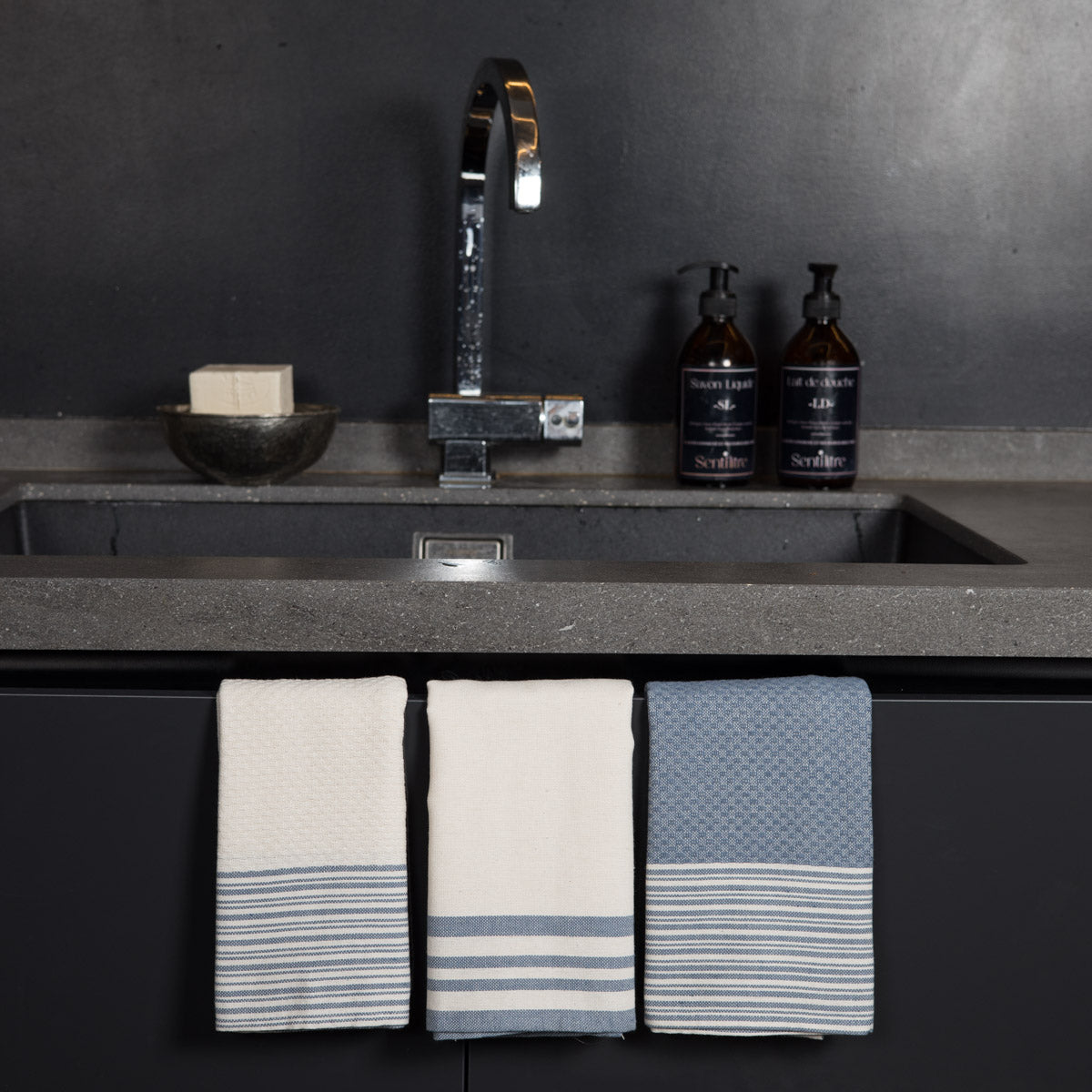 Set of 3 Cotton Tea Towels 45x70cm - Mahdia - Denim Blue