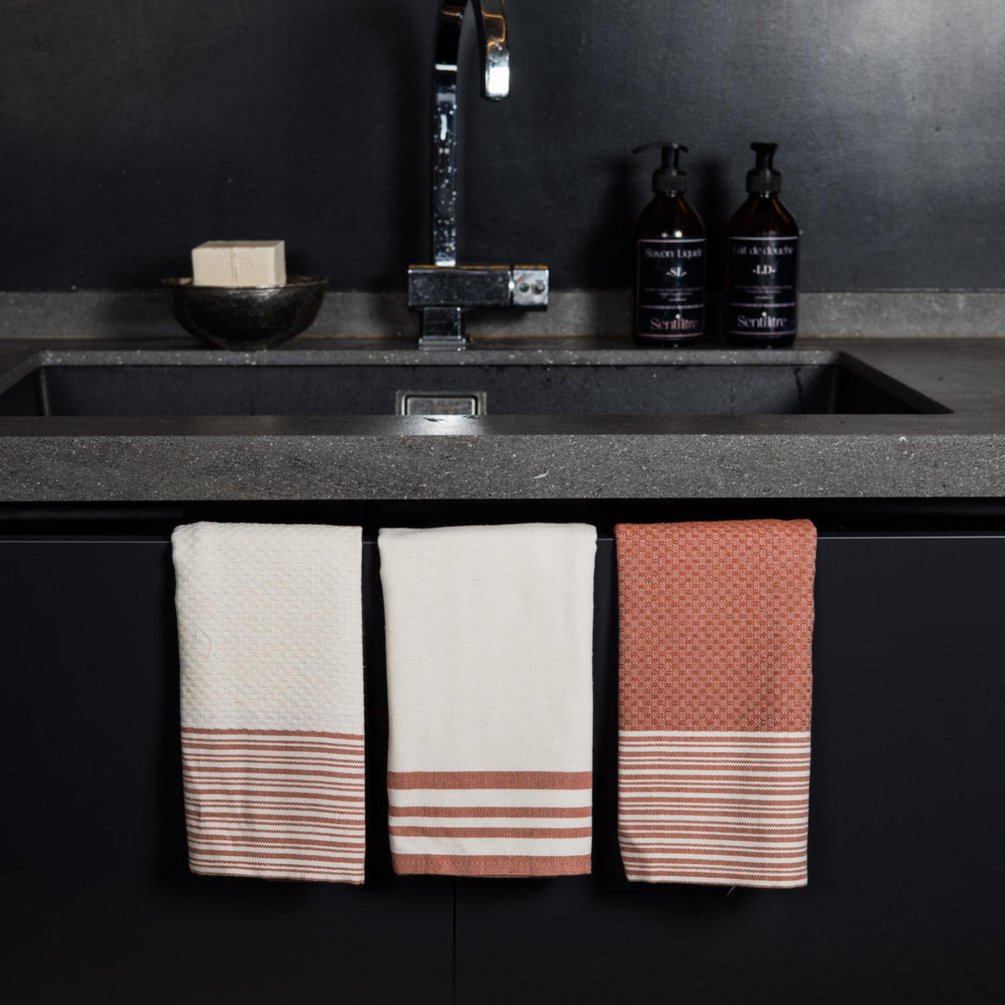 Set of 3 Cotton Tea Towels 45x70cm - Mahdia - Terracotta Red