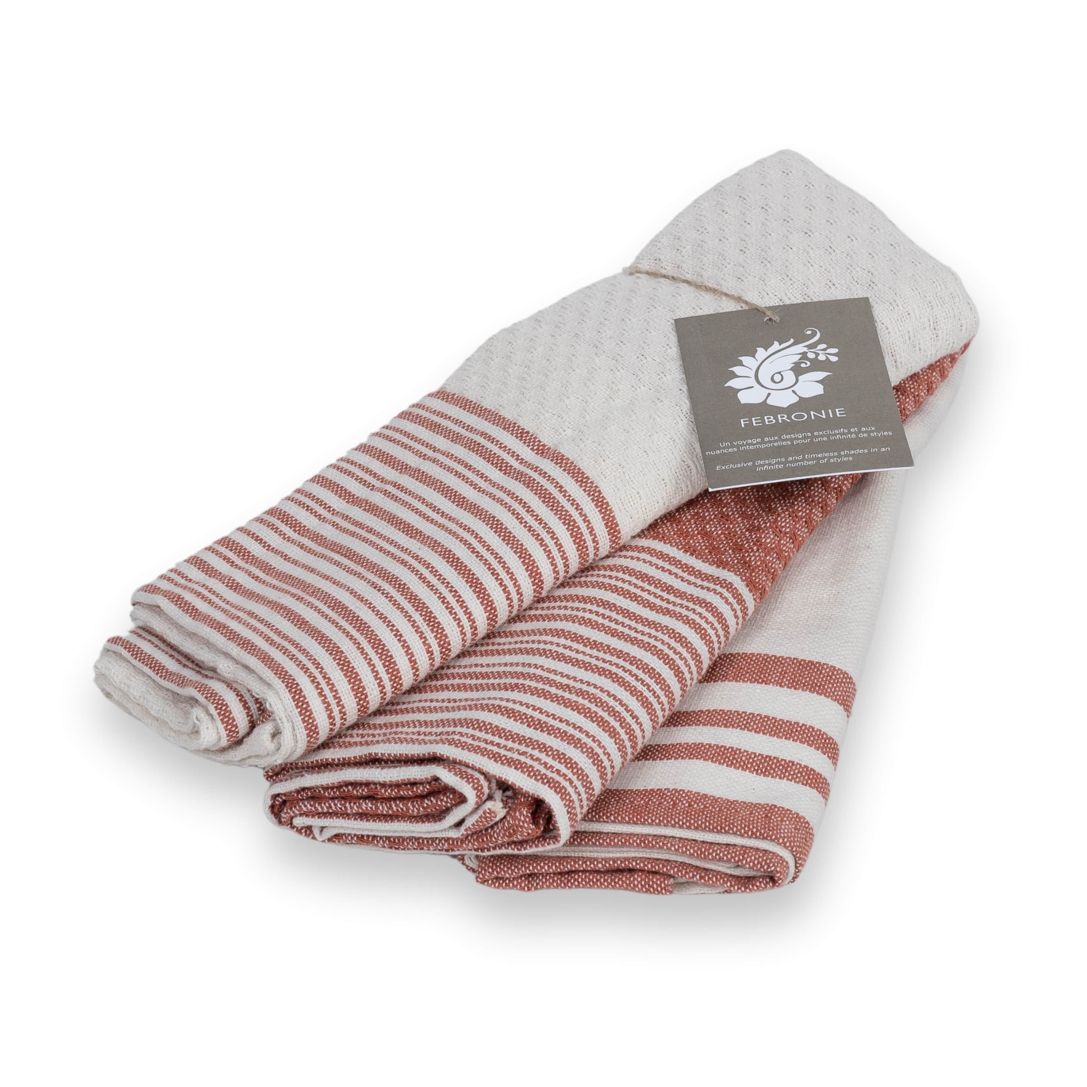 Set of 3 Cotton Tea Towels 45x70cm - Mahdia - Terracotta Red