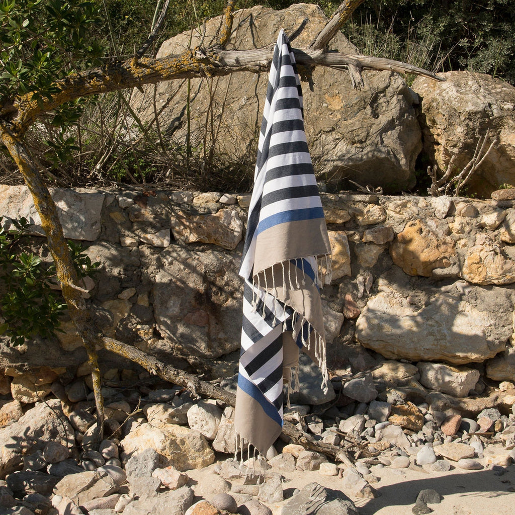 Fouta Arcachon Tricolor - Azul Denim / Azul Griego - Algodón