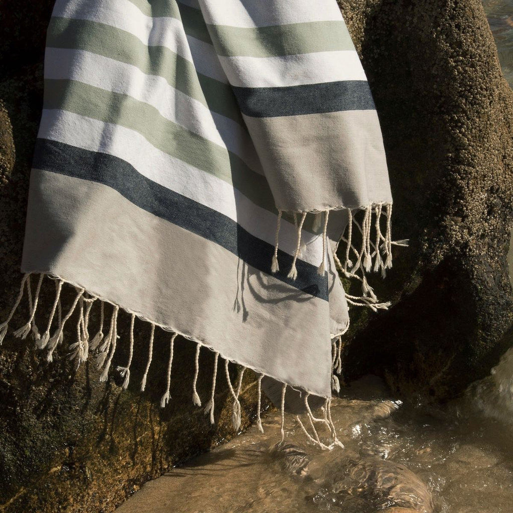 Tricolor cotton fouta 100x200 ARCACHON eau de nil / denim blue