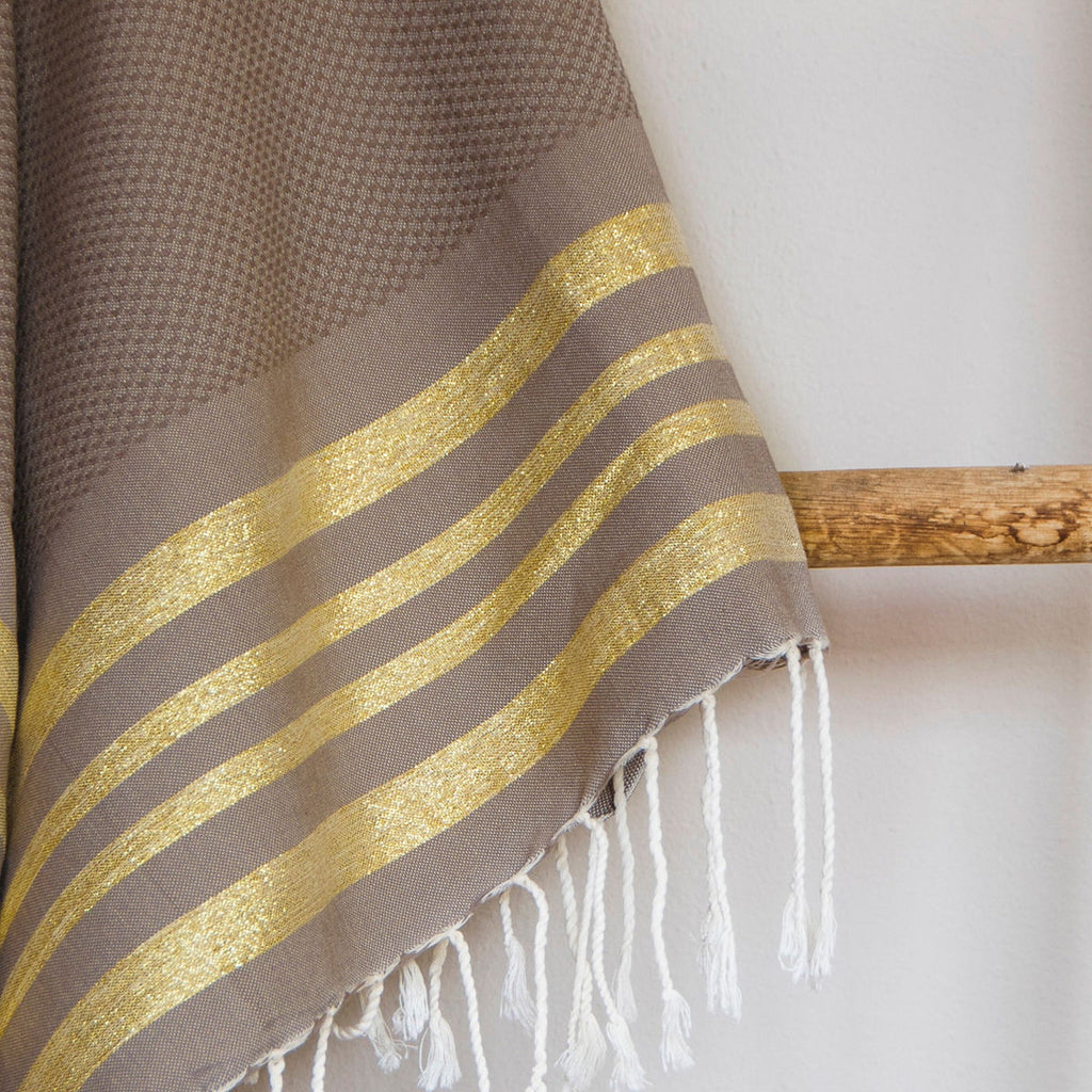 Fouta Nid D'Abeille Coton 100X200 Hamptons Moka / Or