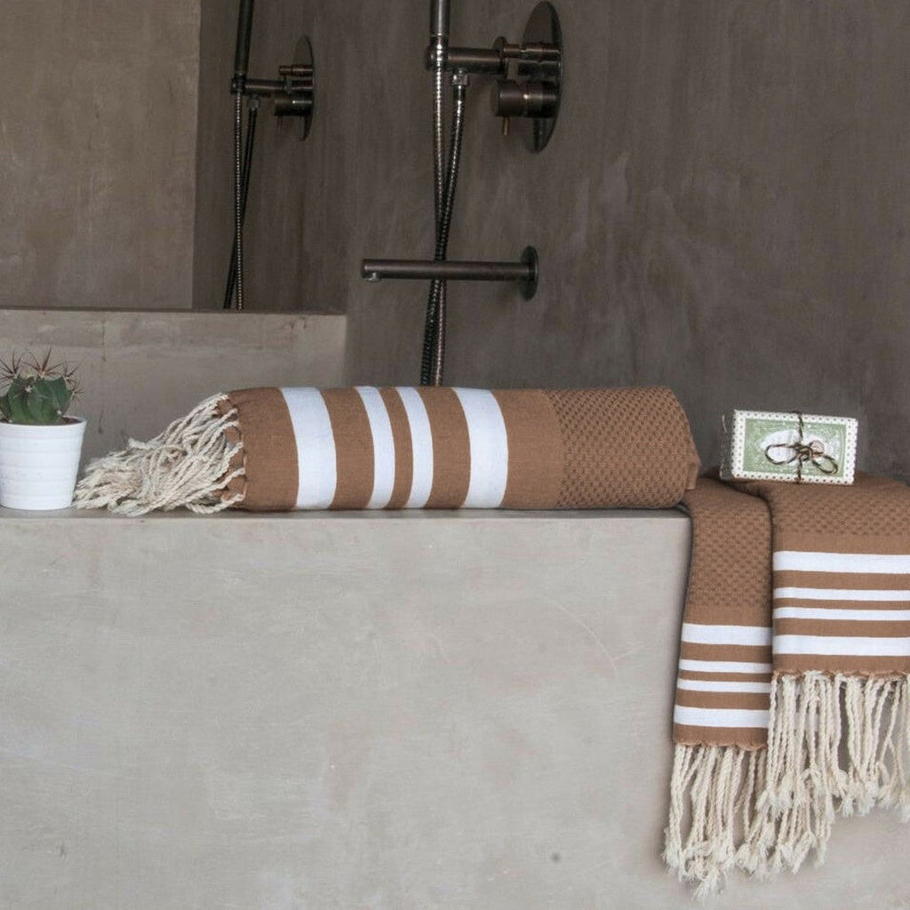 Foutas De Bain (1+2) Coton 100X200+2(40X60) Hamptons Moka / Blanc