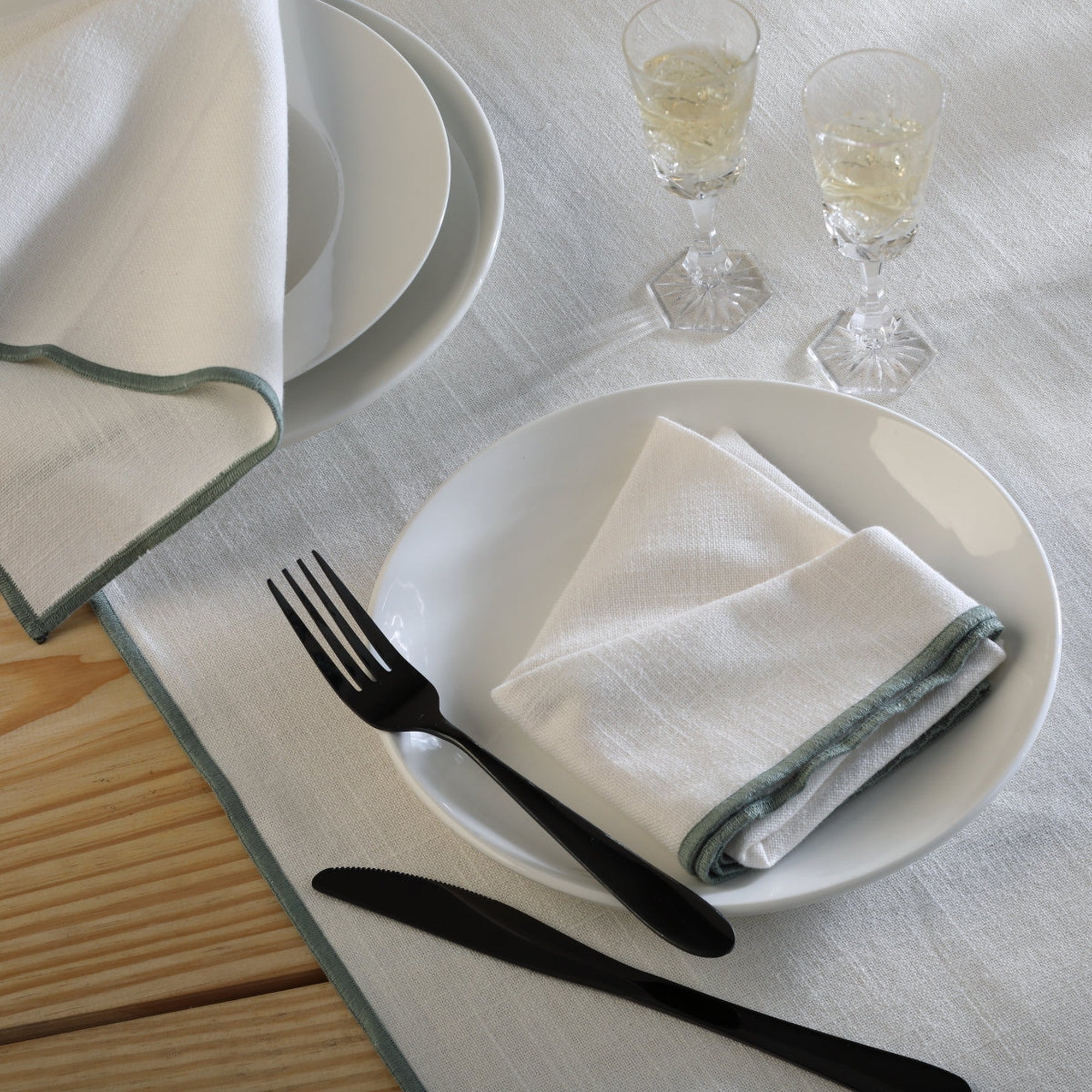 Jules - Lot De 4 Serviettes De Table - Blanc/Céladon
