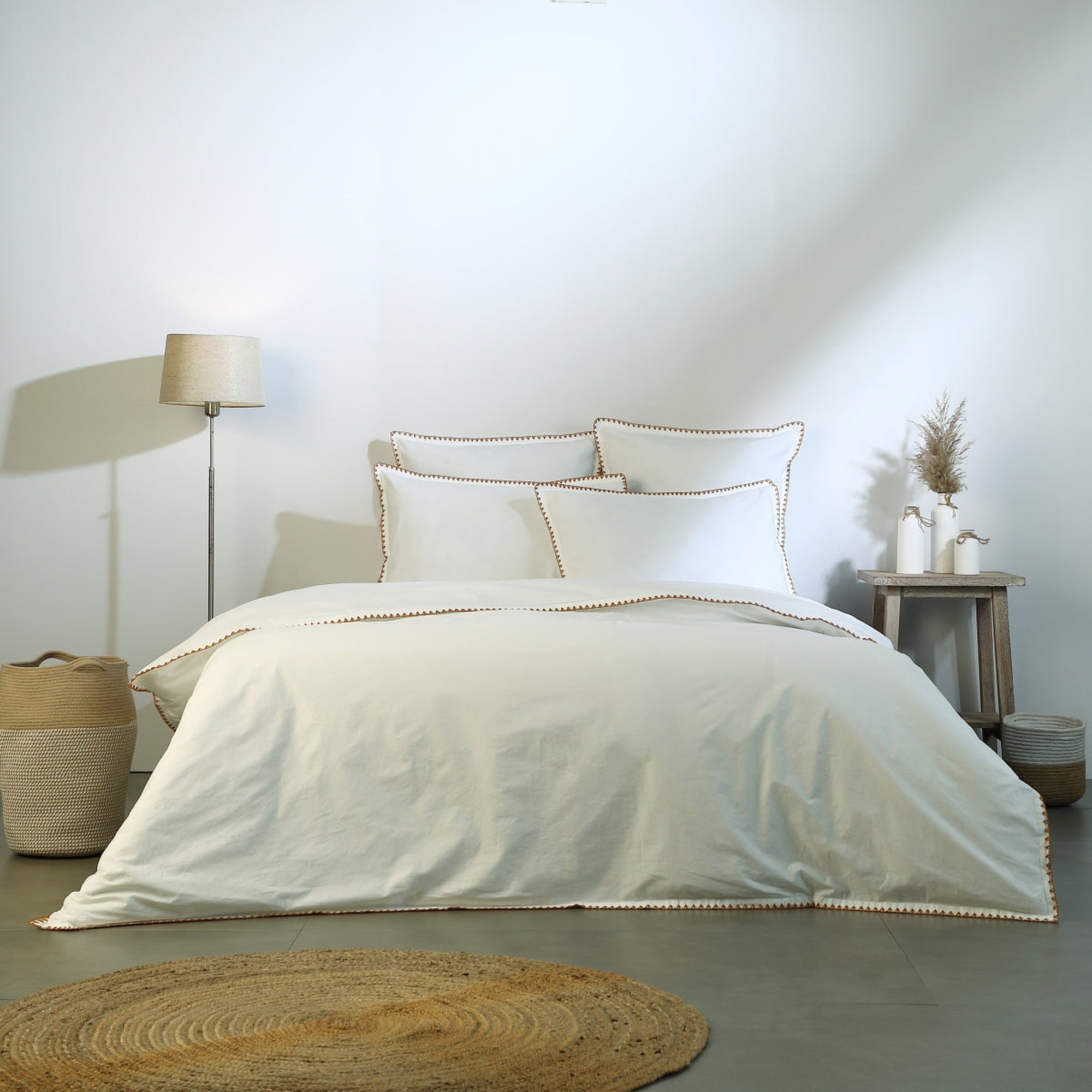 Zoé - Taie D'Oreiller (X2) - Percale De Coton - Blanc/Caramel