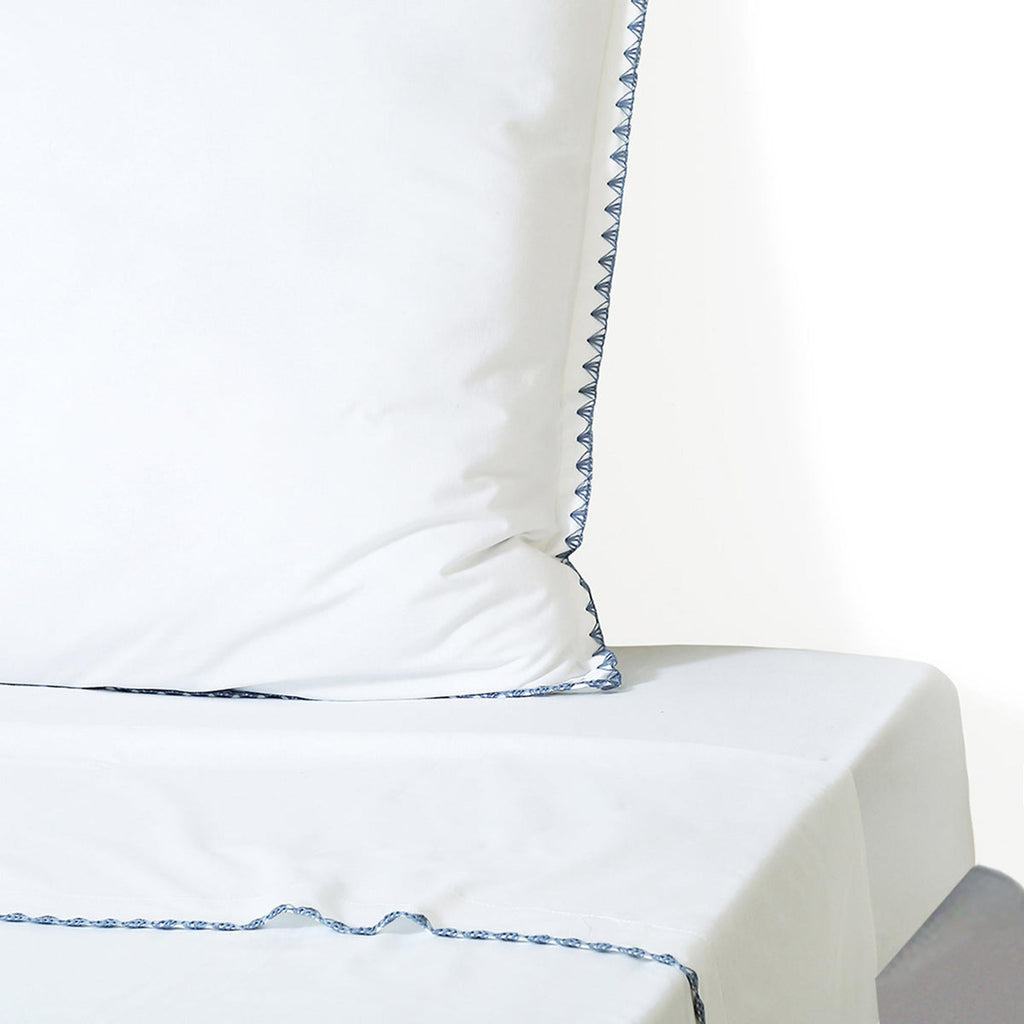 Zoé - Drap Plat - Percale De Coton - Blanc/Bleu Denim