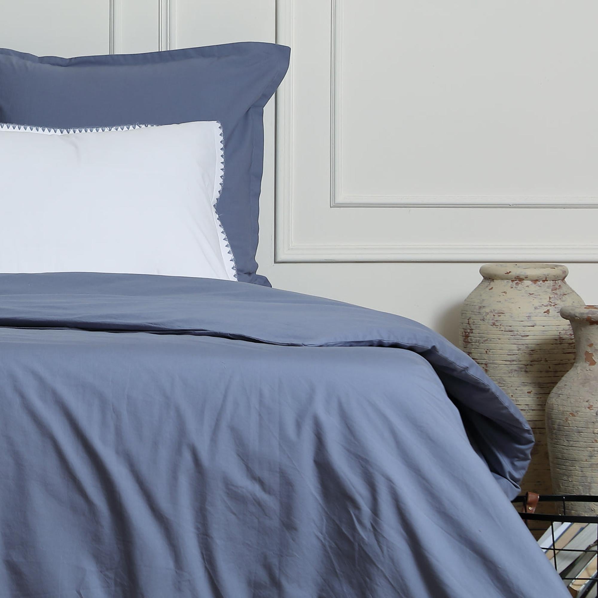 Zoé - Drap Plat - Percale De Coton - Blanc/Bleu Denim