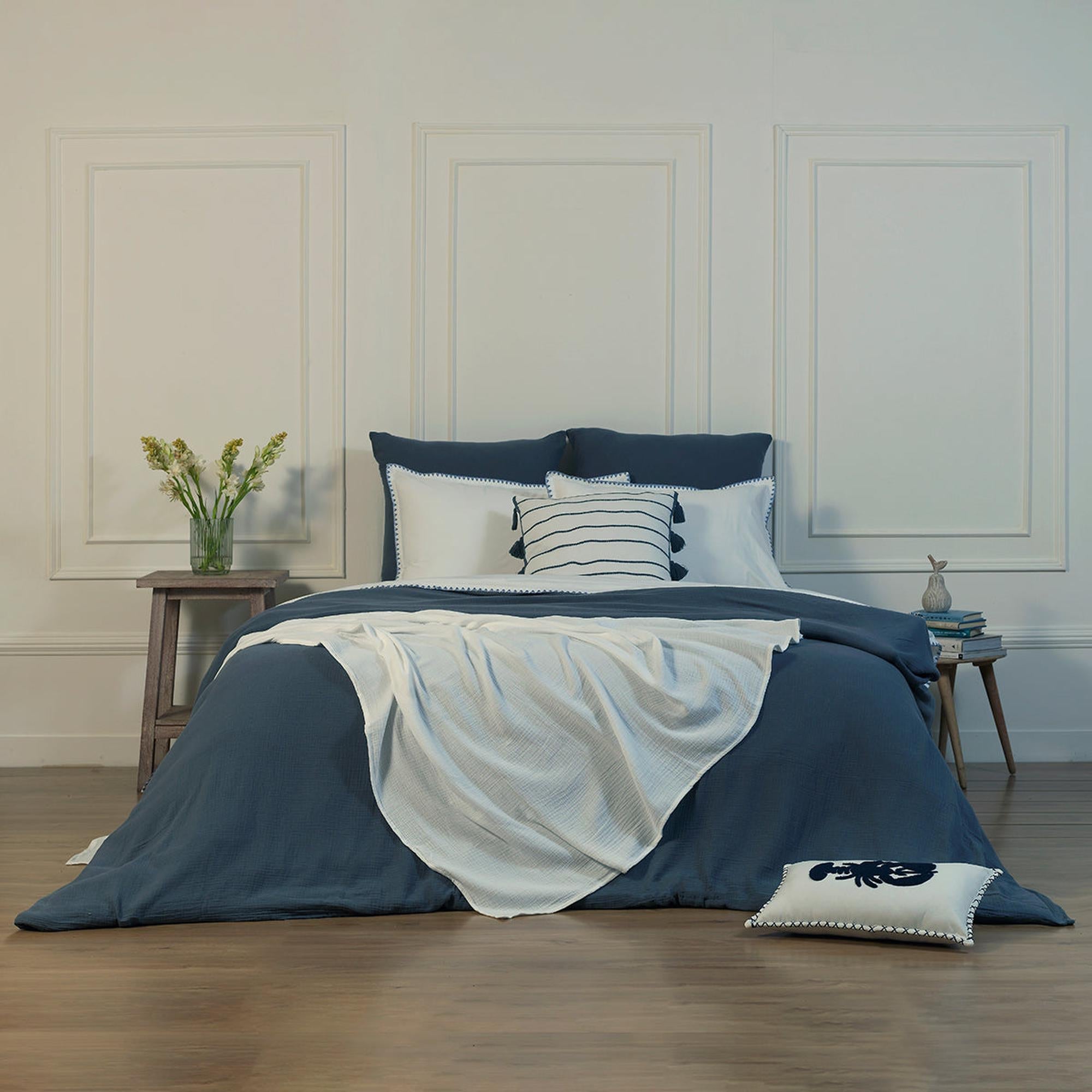 Zoé - Parure + Taies - Percale De Coton - Blanc/Bleu Denim