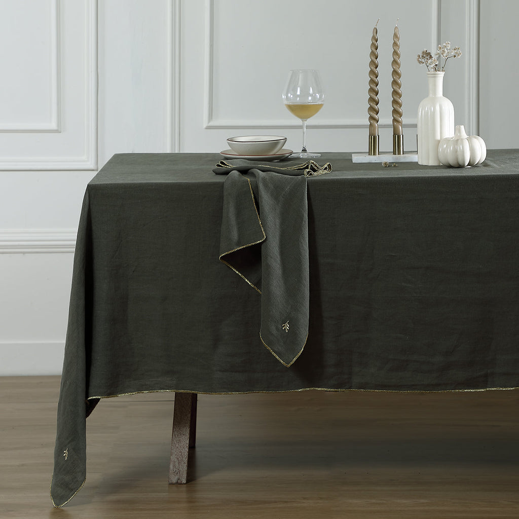 Camille - Nappe - Lin Lavé - Vert Kaki/Or