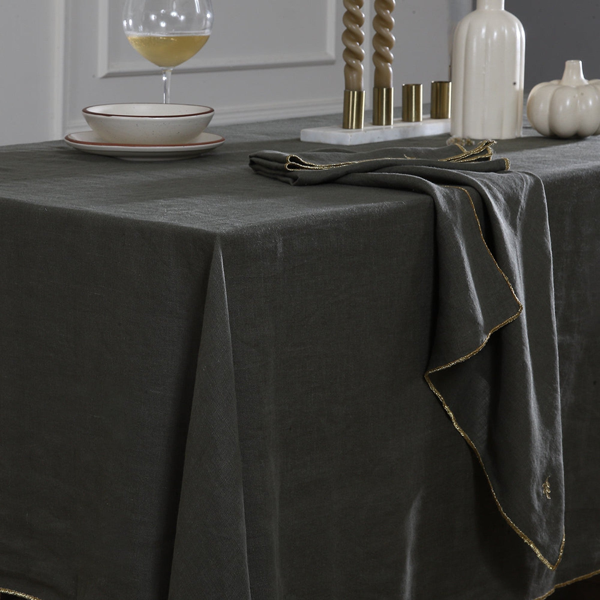Camille - Nappe - Lin Lavé - Vert Kaki/Or