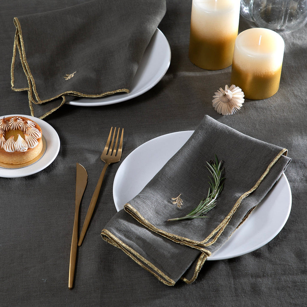 Camille - Nappe - Lin Lavé - Vert Kaki/Or