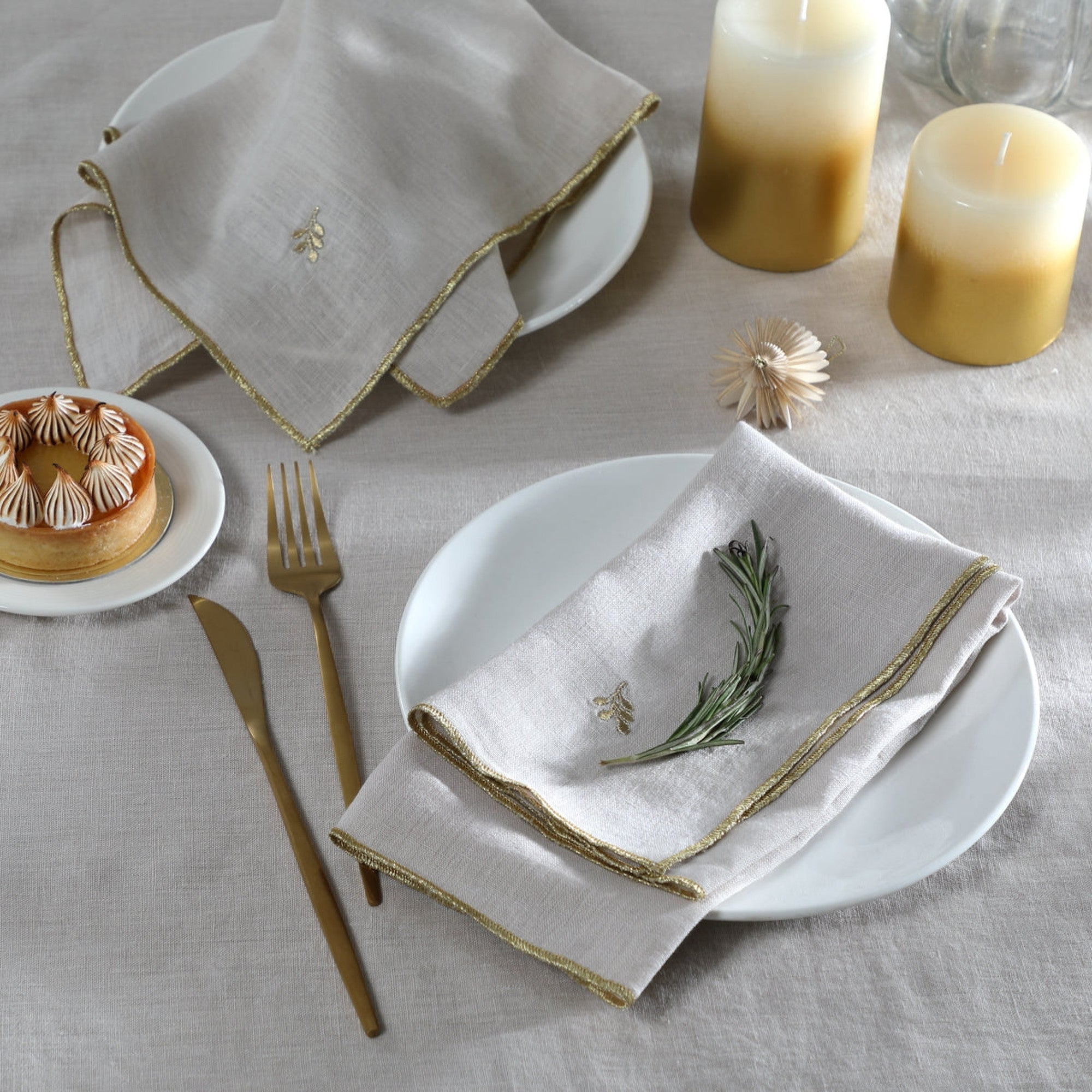 Camille - Mantel + 4 Servilletas - Lino Lavado - Natural/Oro