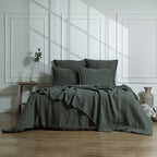 Camille - Bedding Set + Pillowcases - Washed Linen - Khaki Green