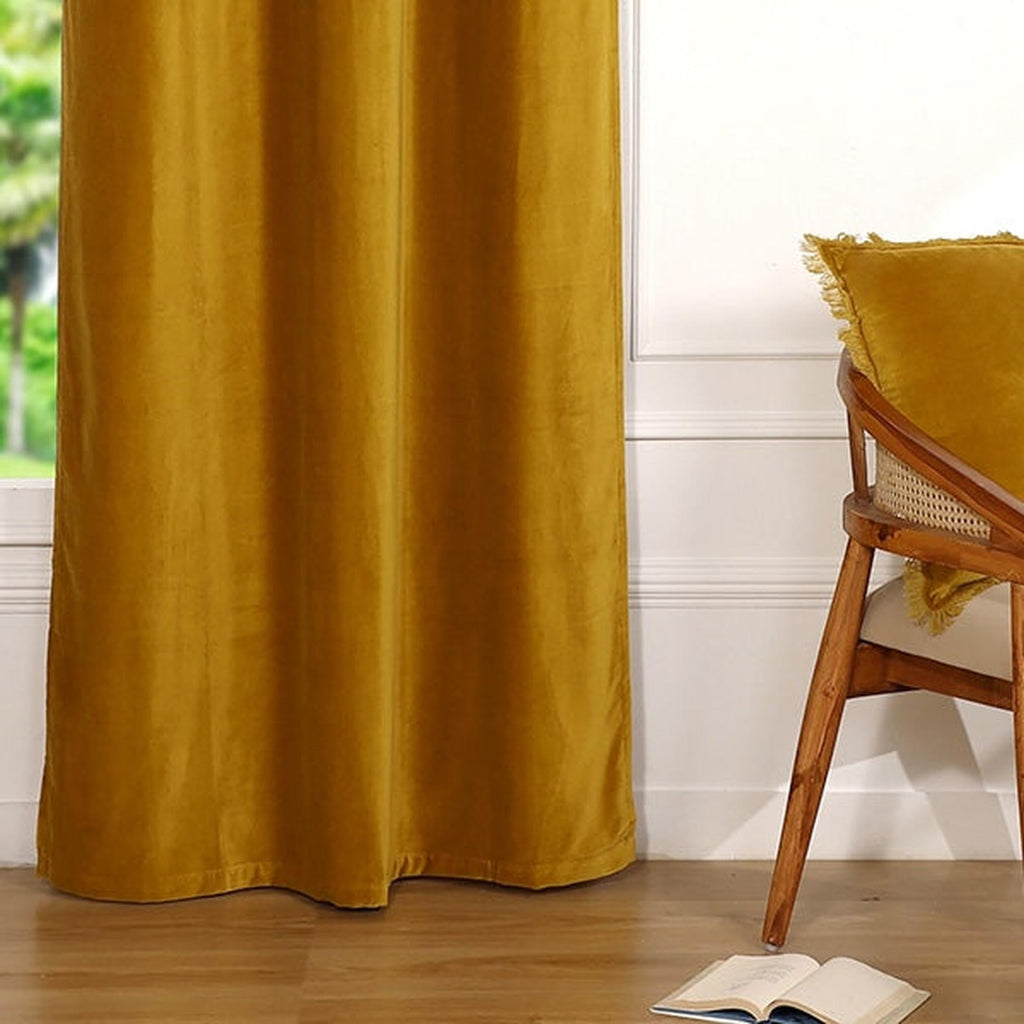 Velvet - Cortina Con Ollaos - Terciopelo De Algodón - Amarillo Mostaza