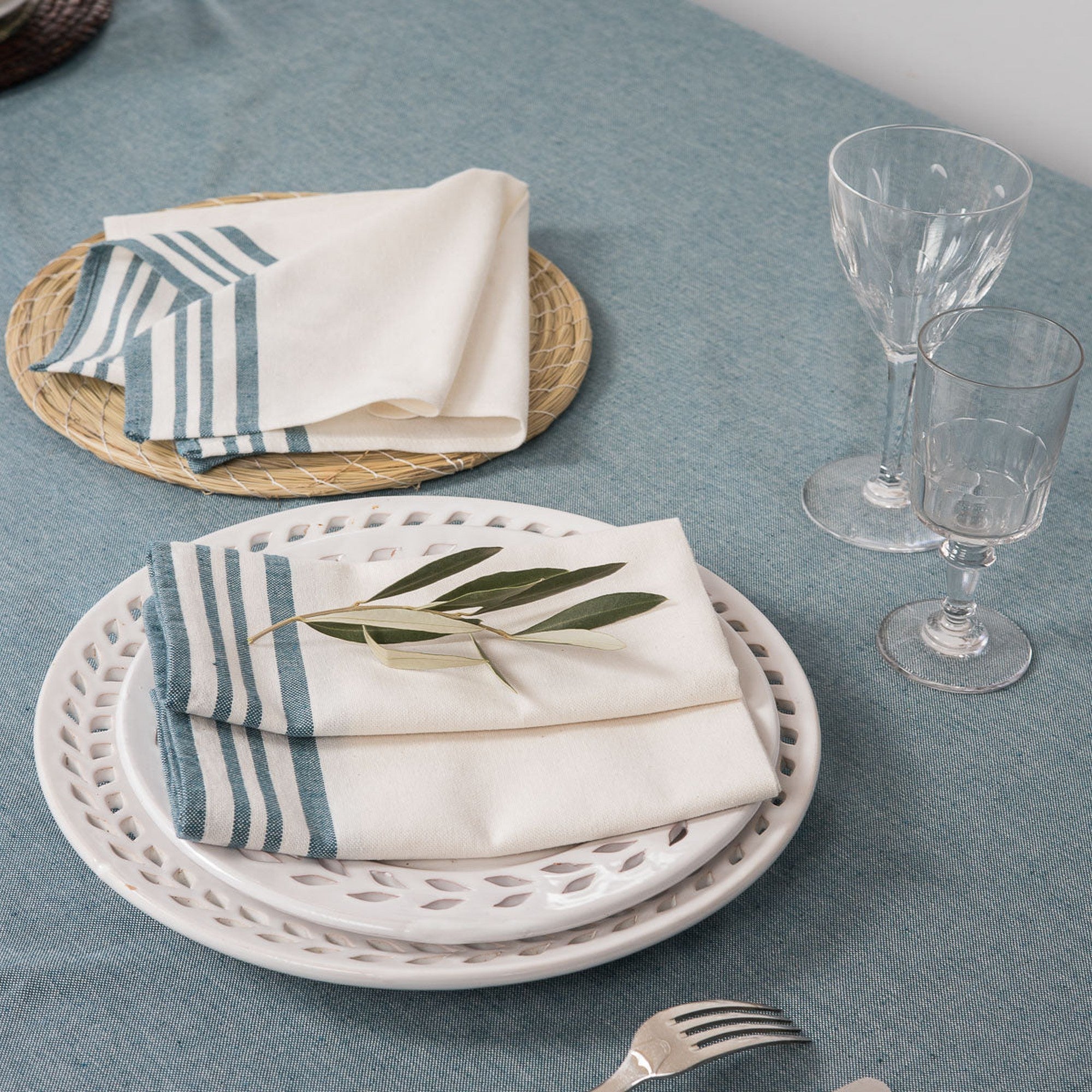 Set of 4 Cotton Napkins 45x45 - Mahdia - White / Petrol Blue