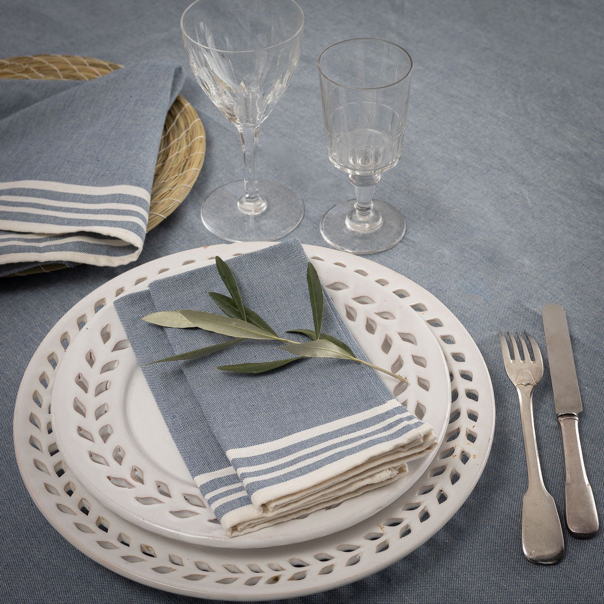 Tablecloth &amp; 8 Cotton Napkins 180x300 - Mahdia - Denim Blue