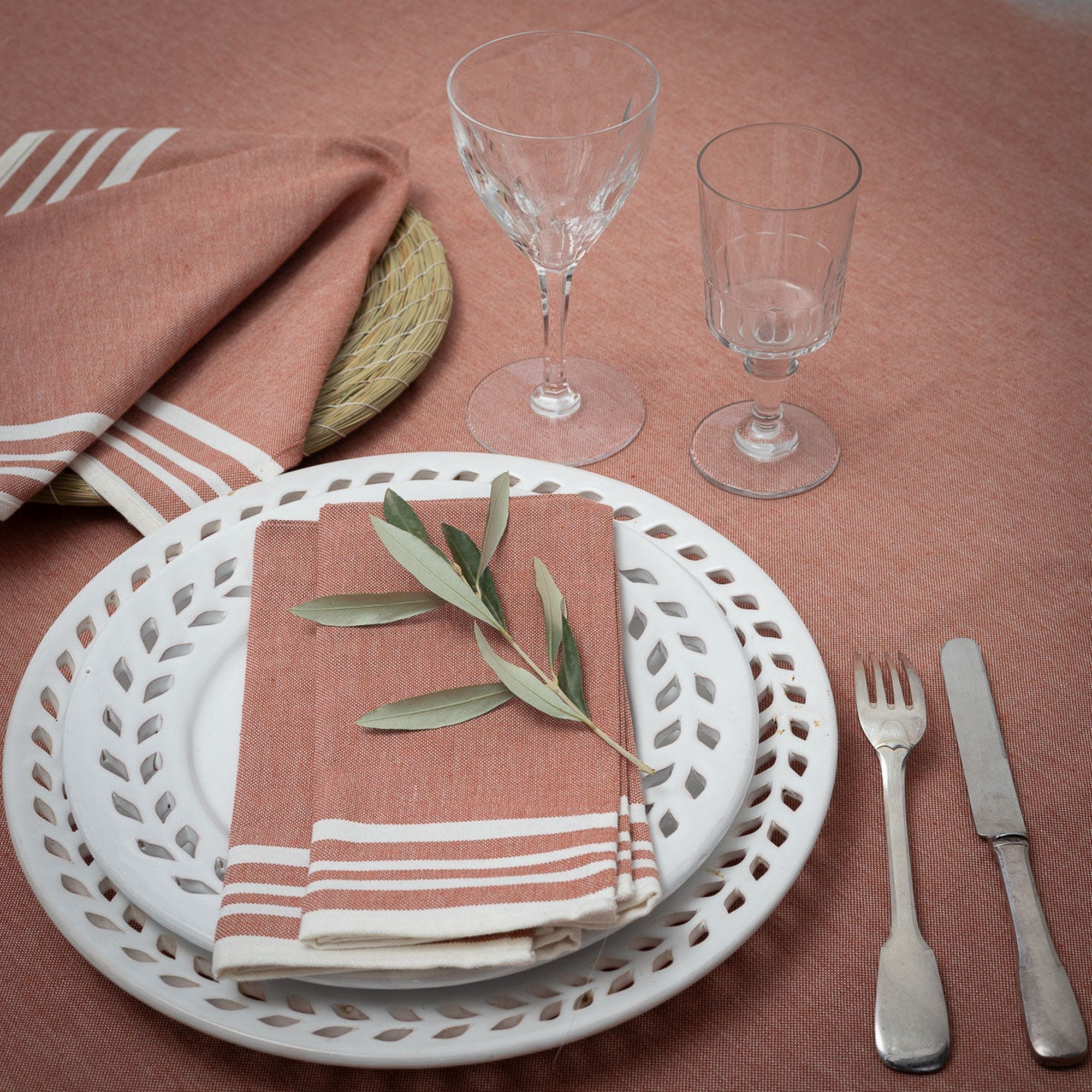 Tablecloth &amp; 8 Cotton Napkins 180x300 - Mahdia - Terracotta Red