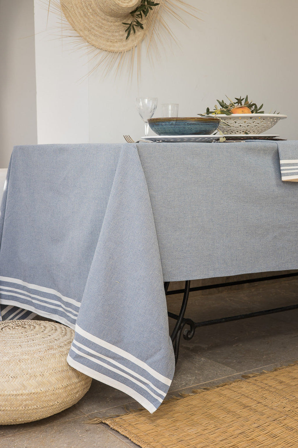 Tablecloth &amp; 8 Cotton Napkins 180x350 - Mahdia - Denim Blue