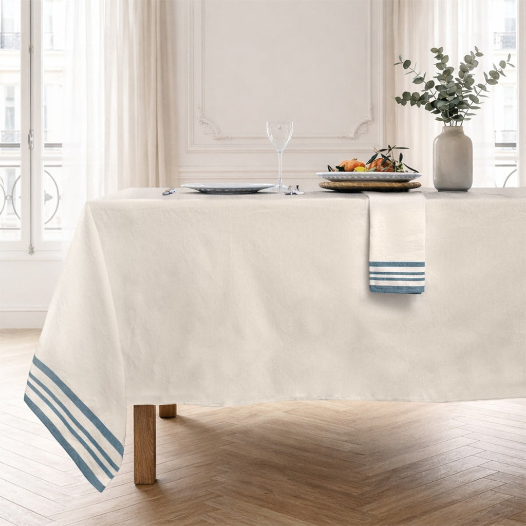Set Of 4 Guetary Table Napkins - Linen Beige / Petrol Blue - Cotton