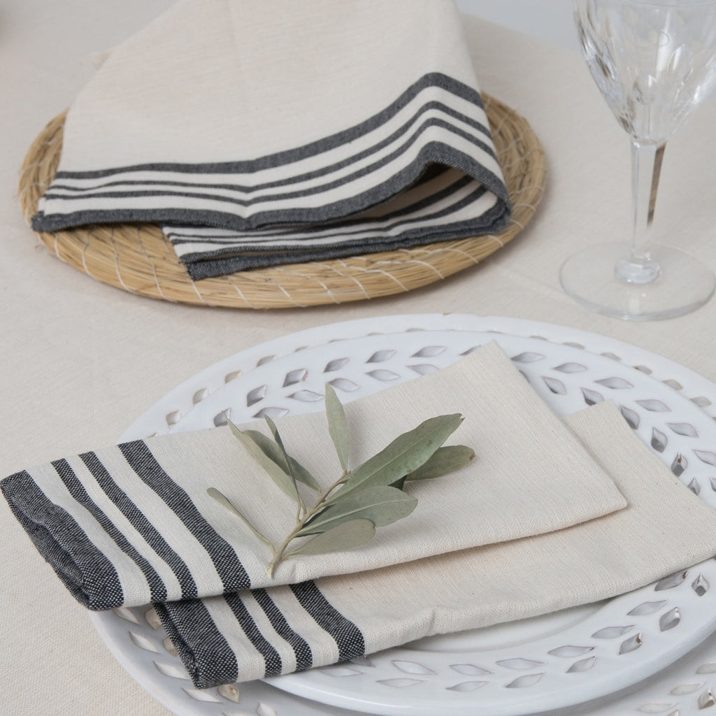 Mantel + 8 Servilletas Guetary - Lino Beige / Negro - Algodón