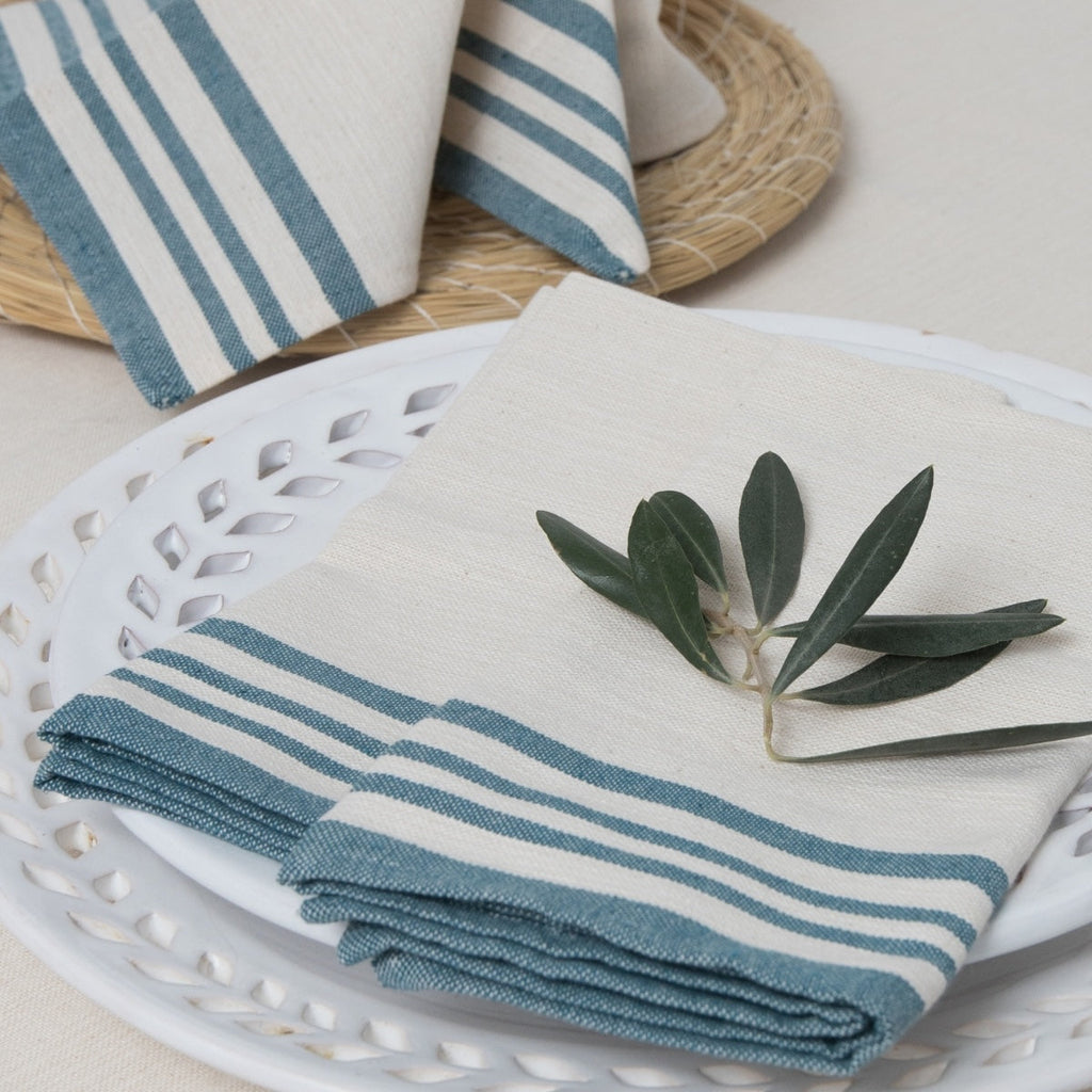 Tablecloth + 8 Guetary Napkins - Linen Beige / Petrol Blue - Cotton