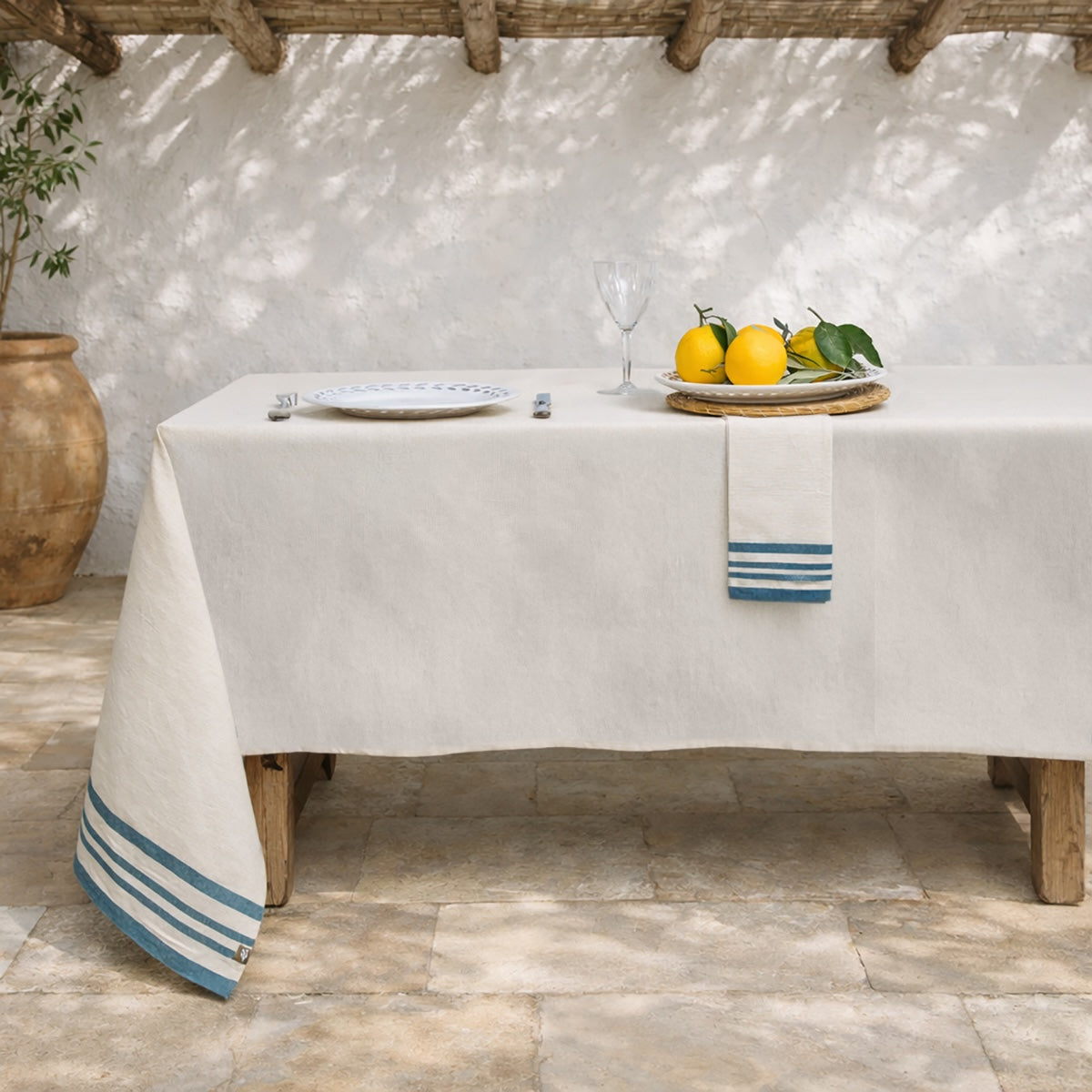 Guetary - Juego De Mesa - Algodón - Beige Lino/Azul Petróleo