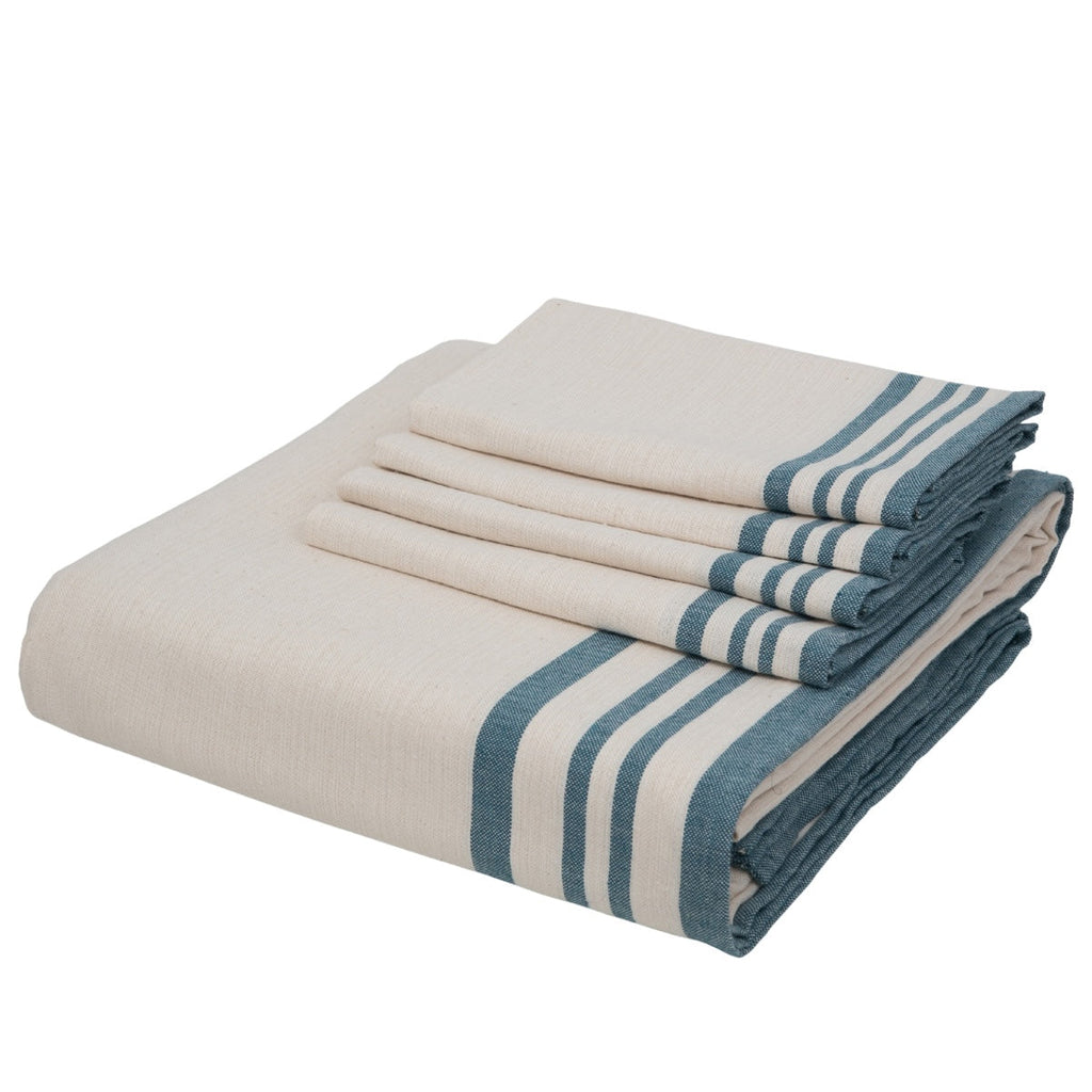 Tablecloth + 10 Guetary Napkins - Linen Beige / Petrol Blue - Cotton