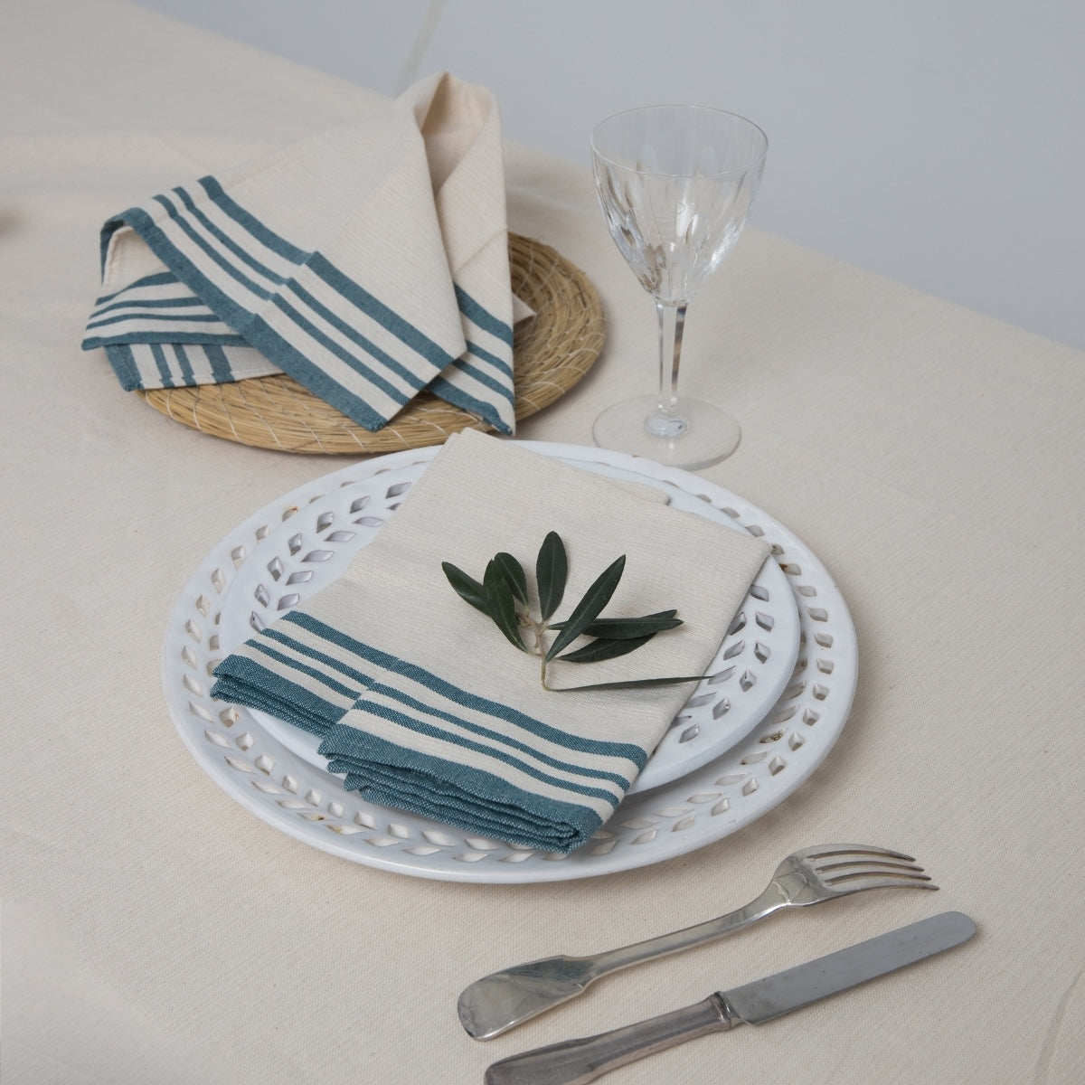 Tablecloth + 10 Guetary Napkins - Linen Beige / Petrol Blue - Cotton