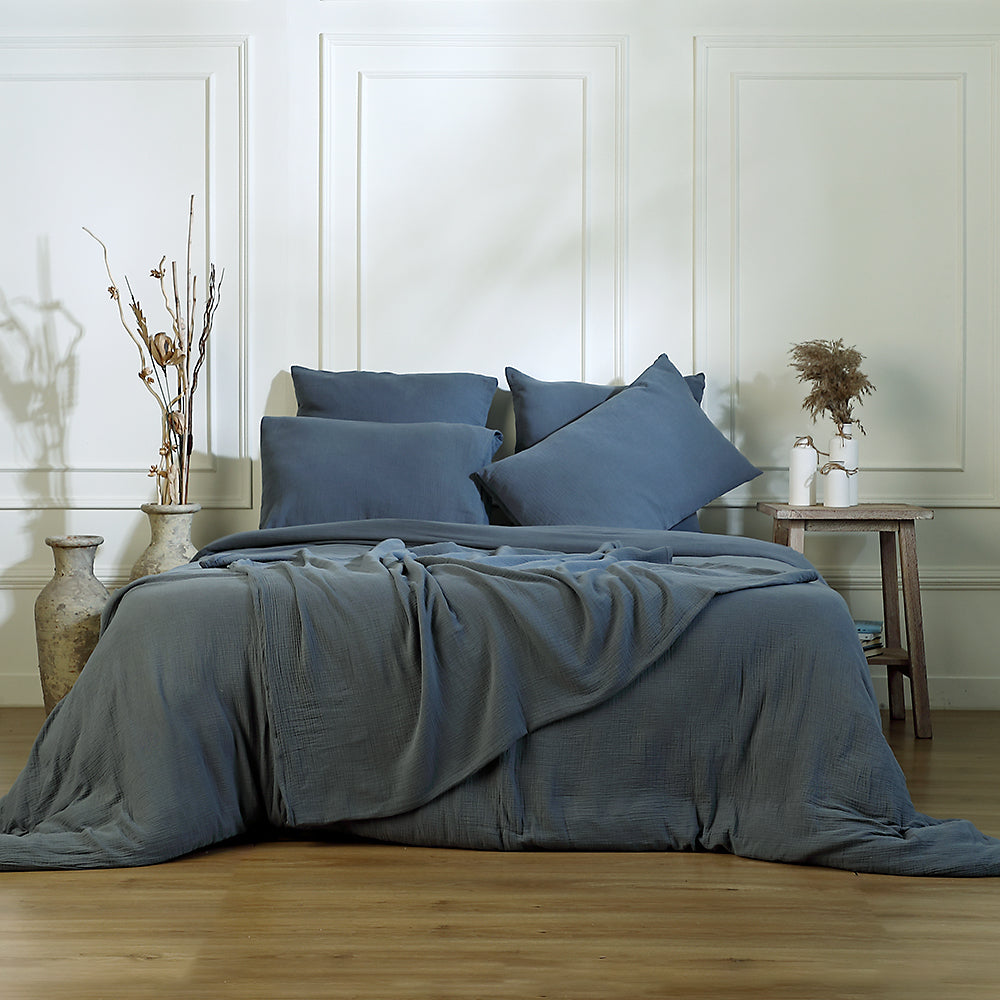 Carla - Juego De Cama - Gasa De Algodón - Azul Tormenta