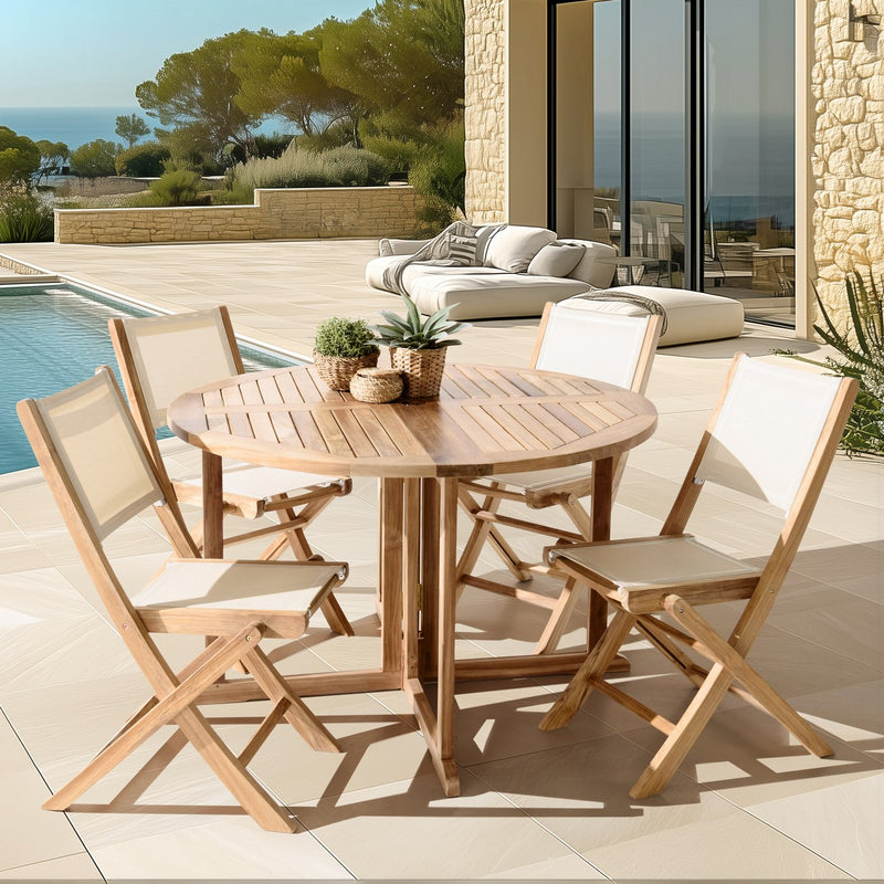 Fun - Salon De Jardin - Teck/Textilène - Beige/Marron