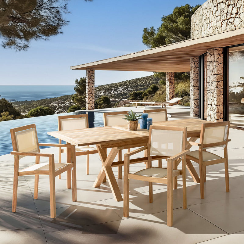 Fun - Salon De Jardin - Teck/Textilène - Beige/Marron
