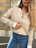 Cárdigan Gabrielle topo con cuello de encaje