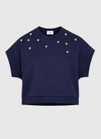An'ge – Sweat Atika Marine, sweat-shirt bleu marine à manches courtes avec des clous argentés, vue de face