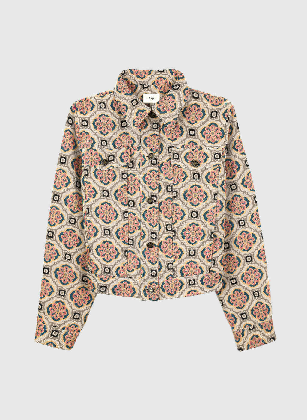 An'ge – Veste Helyana Ecru, veste à motifs géométriques colorés, vue de face sur fond uni