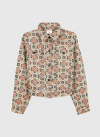 An'ge – Veste Helyana Ecru, veste à motifs géométriques colorés, vue de face sur fond uni