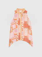 An'ge – Chemise Klarissa Patchila Ocre, haut sans manches à motifs patchwork orange, rose et blanc