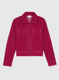 An'ge – Vest Leclint Bordeaux, fuchsia gebreid vest met witte sierstiksels, vooraanzicht